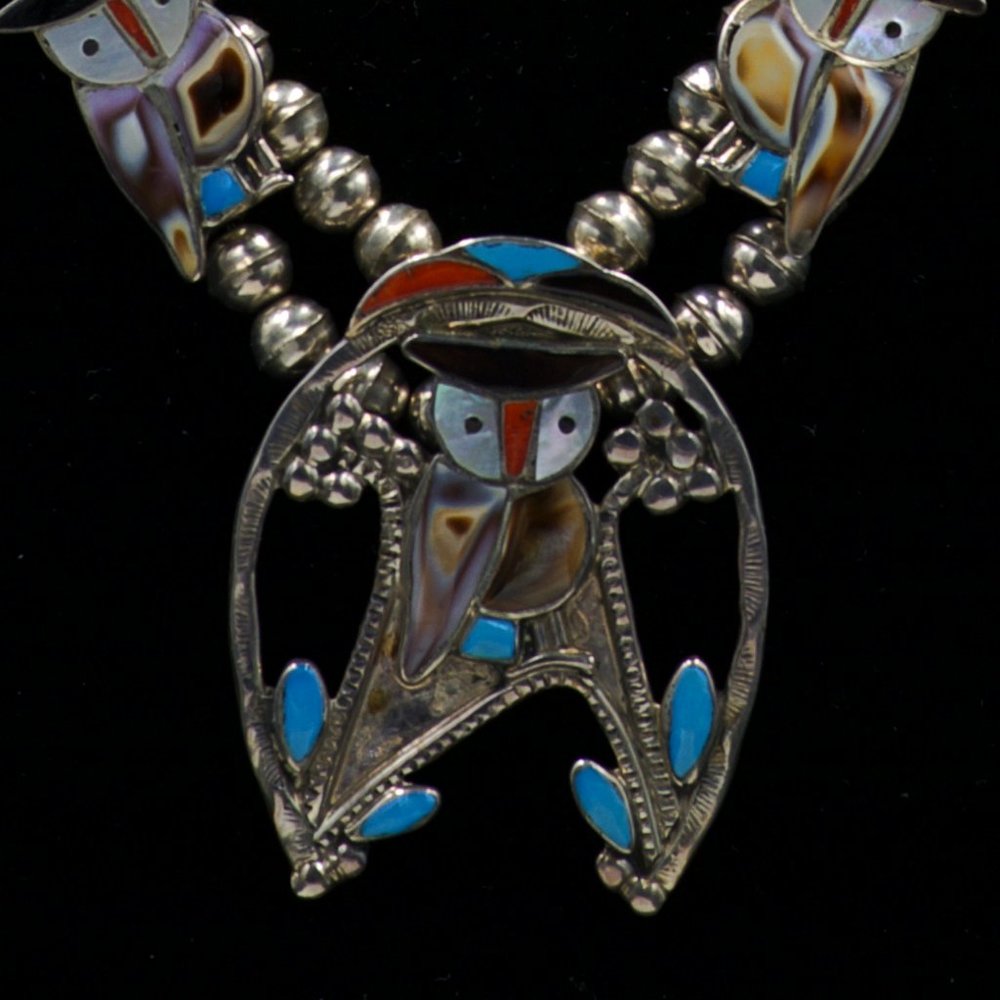 Vintage PW Natewa Signed Zuni Owl Inlay Squash Blossom